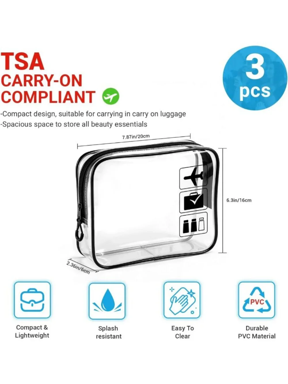 TSA Approved Clear Toiletry Bag Set - 3pcs Travel Makeup & Cosmetic Bags